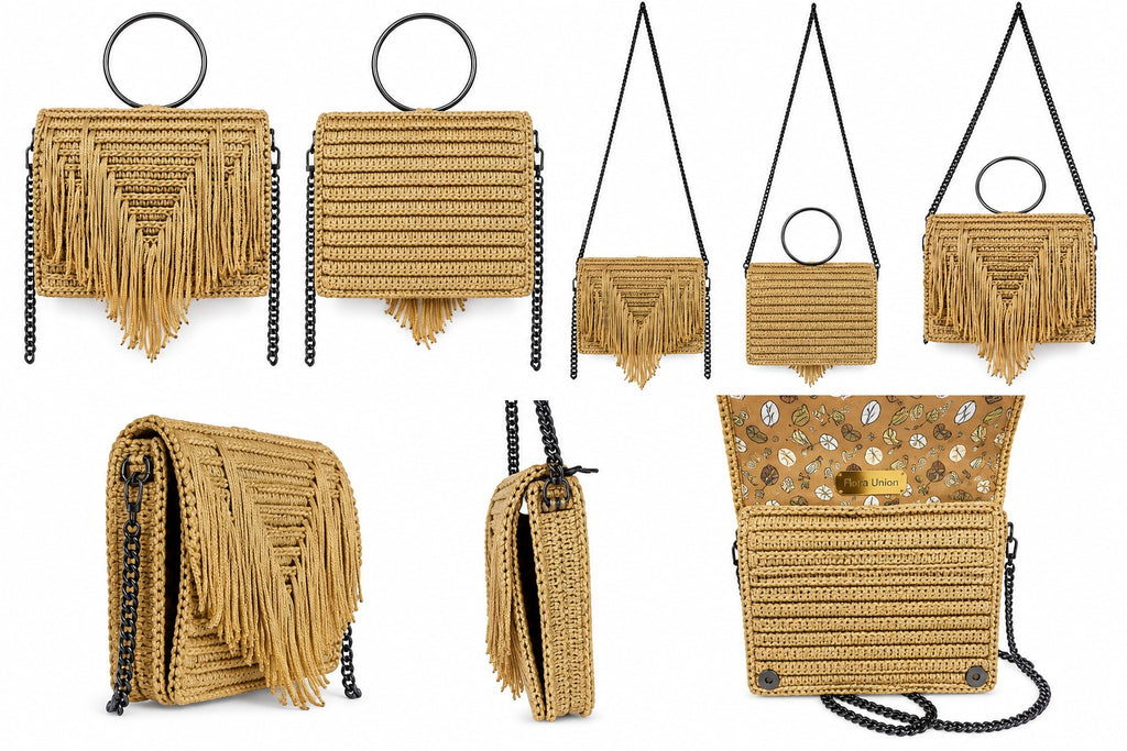 „Handgefertigte Boho-Tasche Zaya geöffnet mit Naturfutter und Cora-Fashion-Label“.⠋
